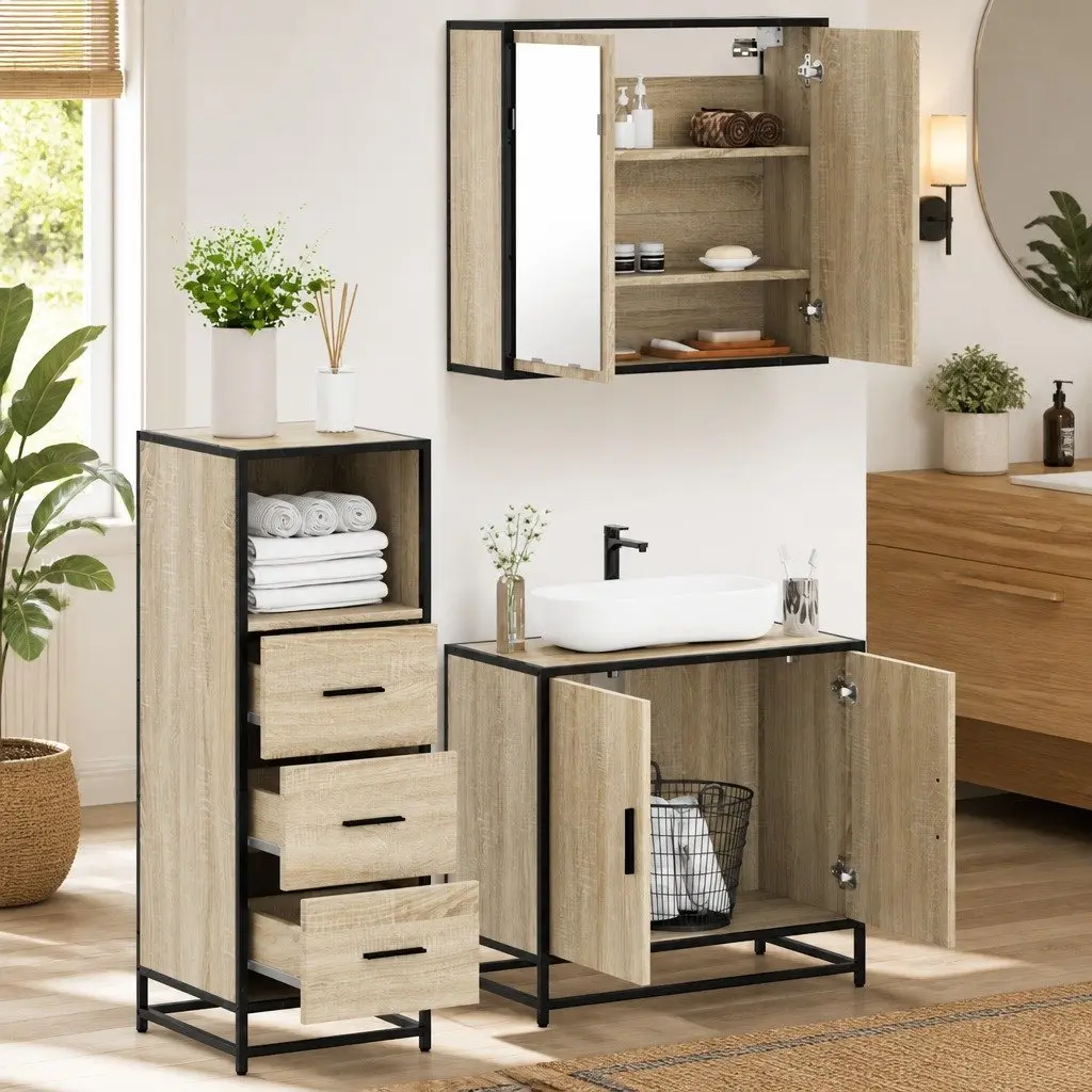 3 Piece Bathroom Furniture Set Brown Engineered Wood Vanity Cabinet Mirror