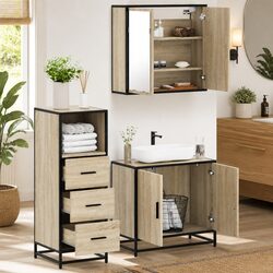 3 Piece Bathroom Furniture Set Brown Engineered Wood Vanity Cabinet Mirror