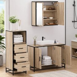 3 Piece Bathroom Furniture Set Brown Engineered Wood Vanity Cabinet Mirror