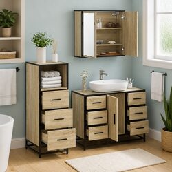 Bathroom Furniture Set 3 Piece Vanity Cabinet Mirror Storage Brown Engineered