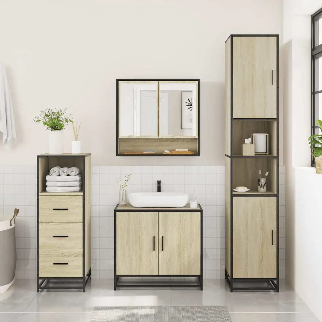 Bathroom Furniture Set Engineered Wood 3 Piece Vanity Cabinet Mirror Storage Brown