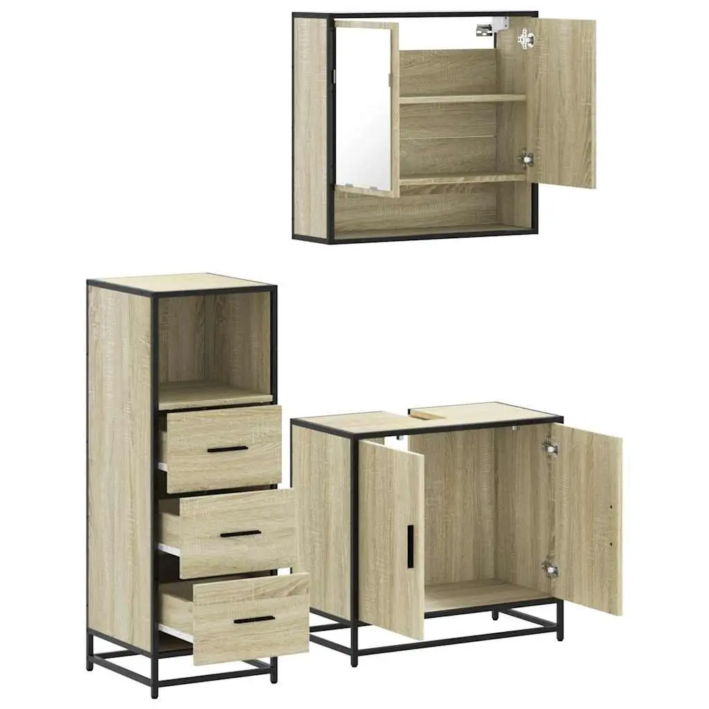 Bathroom Furniture Set Engineered Wood 3 Piece Vanity Cabinet Mirror Storage Brown