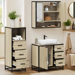 Bathroom Furniture Set 3 Piece Brown Engineered Wood Vanity Cabinet Mirror