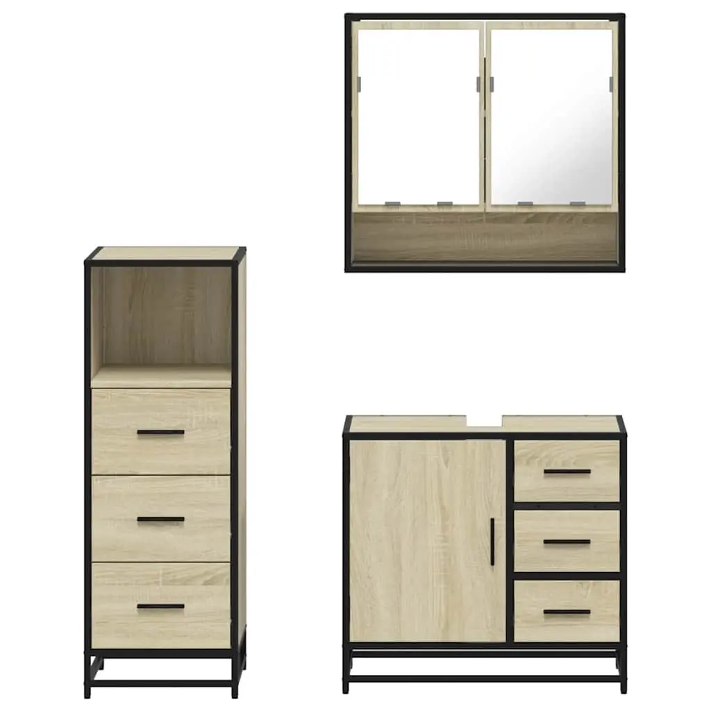 Bathroom Furniture Set 3 Piece Engineered Wood Vanity Cabinet Mirror Brown
