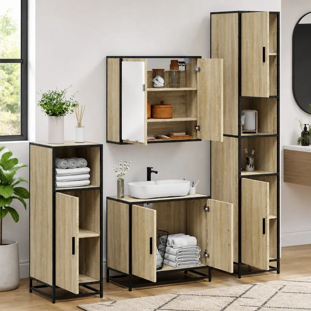 Bathroom Furniture Set 4 Piece Engineered Wood Storage Cabinet Mirror Brown