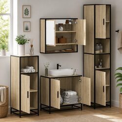 Bathroom Furniture Set 4 Piece Brown Engineered Wood Storage Cabinet Mirror