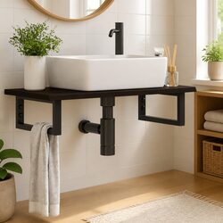 Wall Mounted Bathroom Basin Shelf Storage Unit Steel Oak Wood Brown Floating