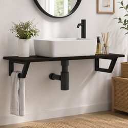 Wall Mounted Basin Shelf Bathroom Vanity Steel Brown Oak Wood Countertop Storage