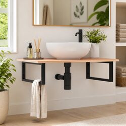 Wall Mounted Basin Shelf Bathroom Vanity Unit Steel Oak Wood Brown Storage