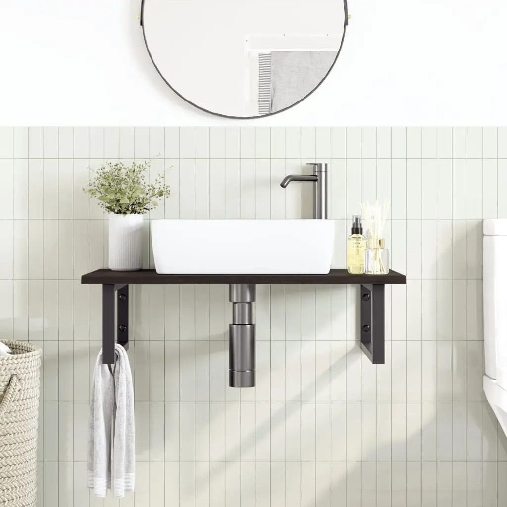 Wall Mounted Basin Shelf Bathroom Storage Steel Frame Solid Oak Wood Floating Cabinet
