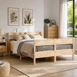Solid Wood Pine Bed Frame 135x190 cm Headboard Storage Shelves Slatted Base