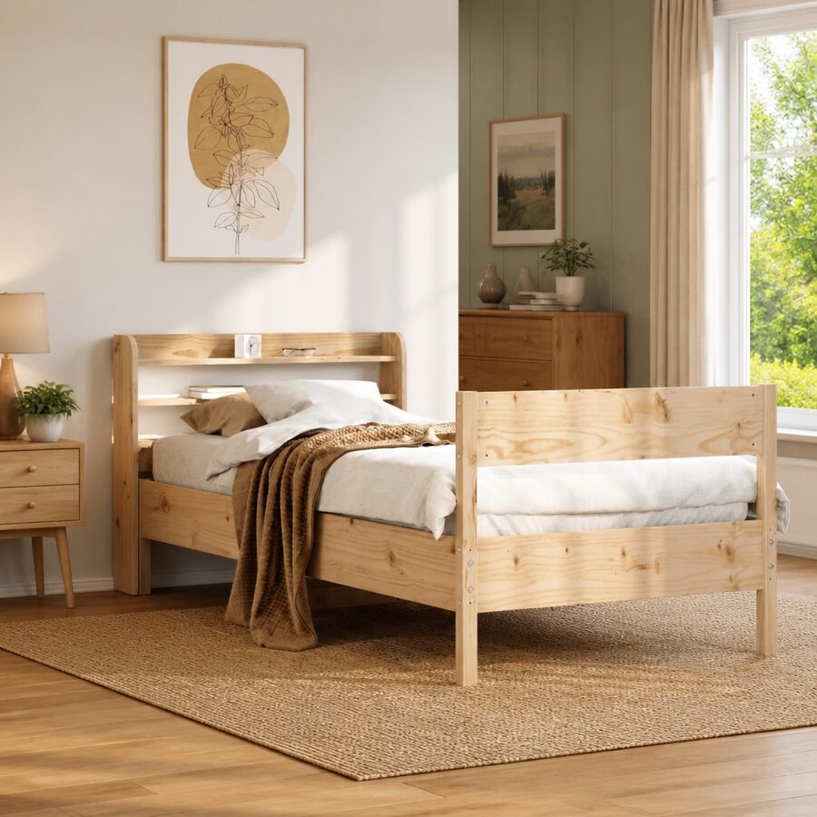Bed Frame 90x190 cm Solid Pine Wood Slatted Base Headboard Storage Shelves
