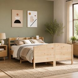 Solid Wood Pine Bed Frame 150x200 cm with Headboard Storage Shelves Slatted Base