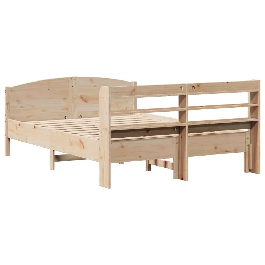 Solid Wood Pine Bed Frame Slatted Base 150x200 cm Brown with Headboard Storage Shelves