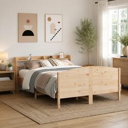 Bed Frame 135x190 cm Solid Pine Wood Slatted Base Headboard with Storage Shelves