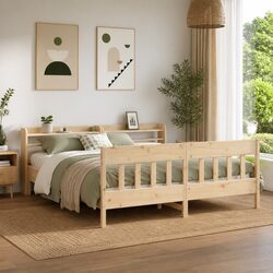 Bed Frame 180x200 cm Solid Wood Pine Slatted Base Headboard Storage Shelves