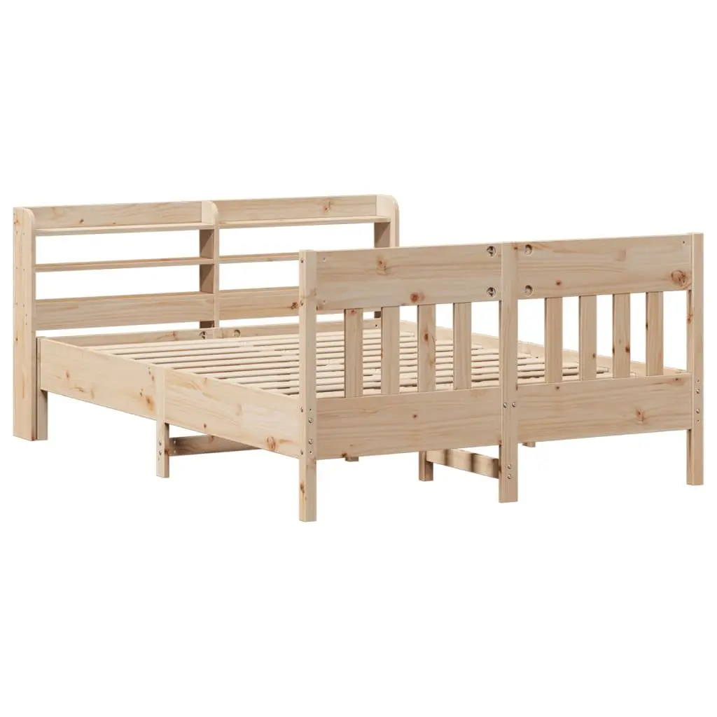 Solid Wood Pine Bed Frame Slatted Base with Headboard Storage Shelves 150x200 cm Brown