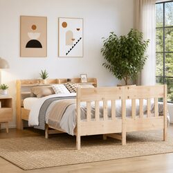 Solid Wood Pine Bed Frame 135x190 cm with Headboard Storage Shelves Slatted Base
