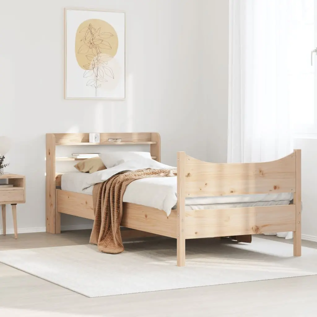 Bed Frame with Headboard Solid Pine Wood 90x190 cm Brown Slatted Base Storage Shelves