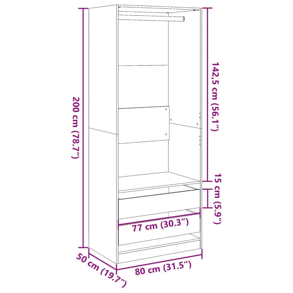 White Wardrobe Cupboard 80x50x200cm Storage Cabinet 1 Compartment 2 Drawers
