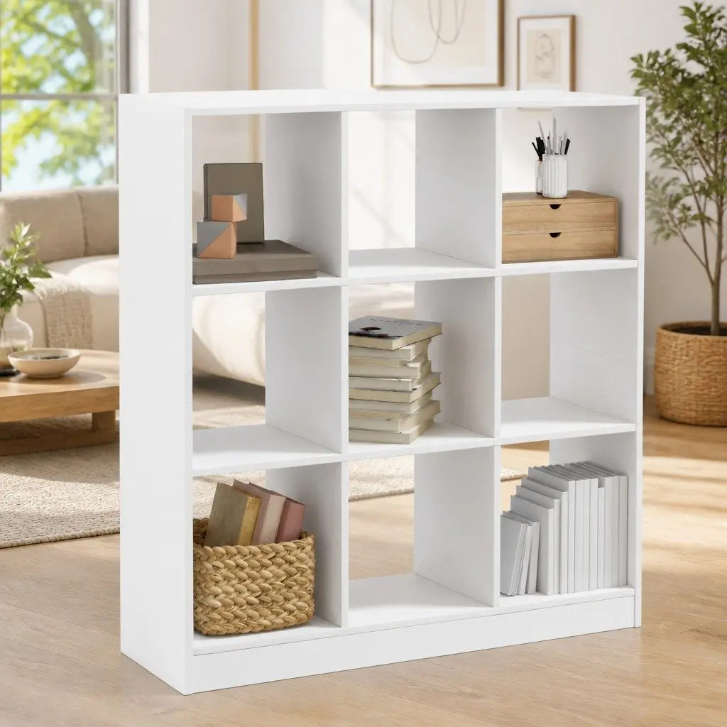 Bookcase White Engineered Wood 102x32x108 cm 9 Compartment Storage Display