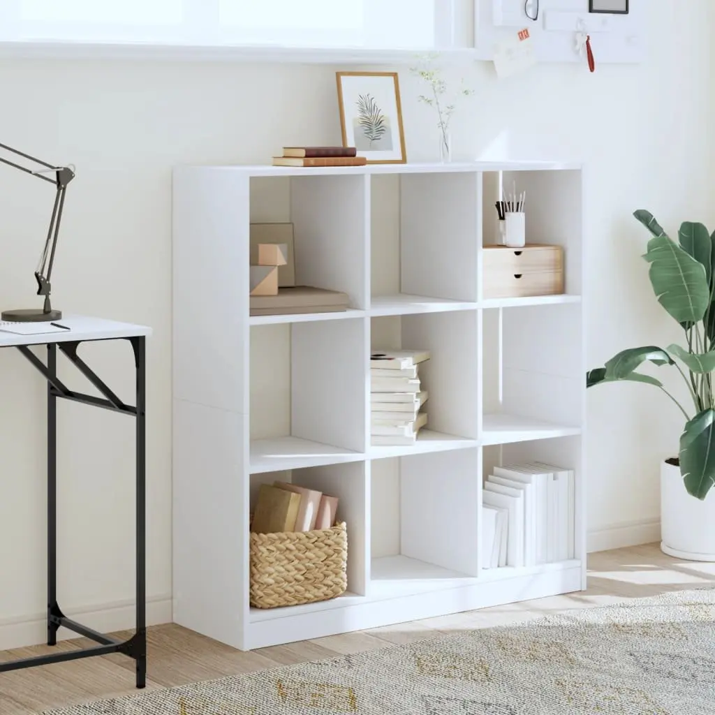 Bookcase White Engineered Wood 102x32x108 cm 9 Compartment Storage Display