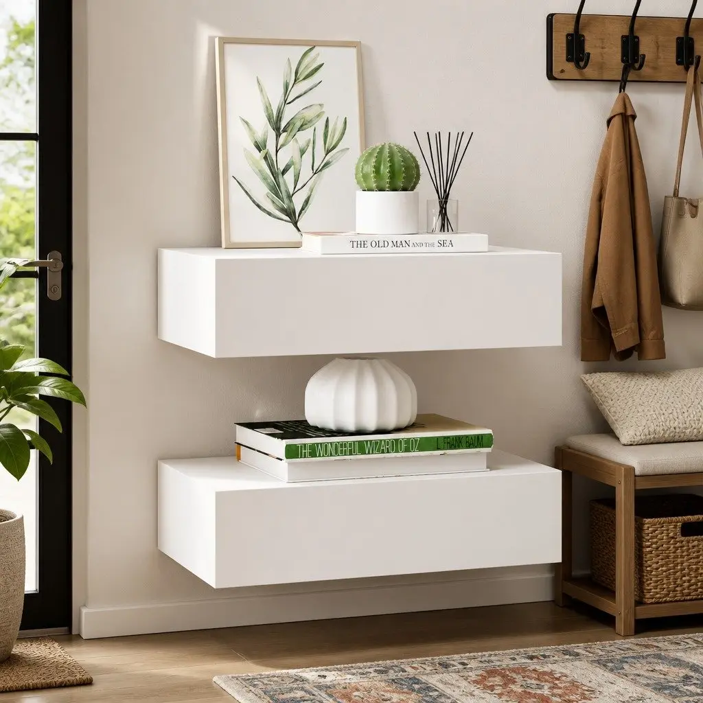 Wall-Mounted Drawer Shelves Floating Storage Organizer 2 Piece White