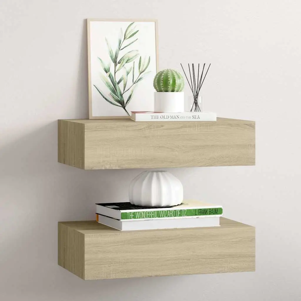 Wall-mounted Drawer Shelves Floating Storage Oak 40x23.5x10cm Brown Set of 2