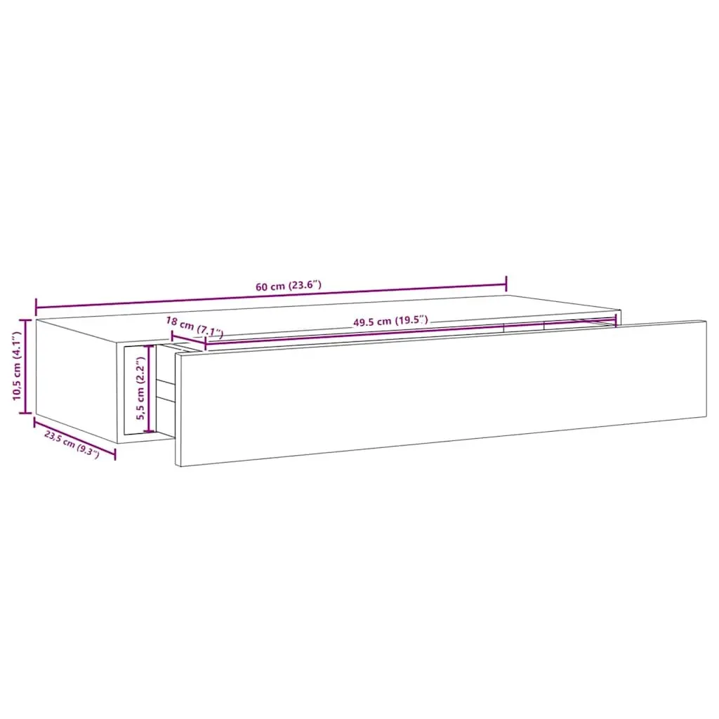 Wall-mounted Drawer Shelf Floating Storage Black MDF 60x23.5x10cm