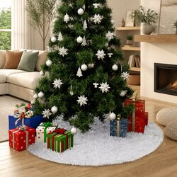 Christmas Tree Skirt White 90cm Faux Fur Snowflake Sequin Holiday Decoration