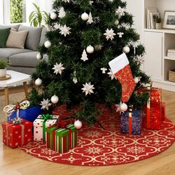 Christmas Tree Skirt Red 122cm Fabric with Matching Sock Luxury Holiday Decor