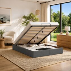 Queen Ottoman Storage Bed Frame Grey Fabric Lift-Up Base Bedroom Furniture