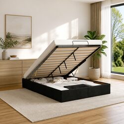 Queen Ottoman Storage Bed Frame Fabric Upholstered Lift Mechanism Under-Bed