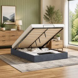 Double Ottoman Storage Bed Frame Grey Velvet Upholstered Hydraulic Lift No