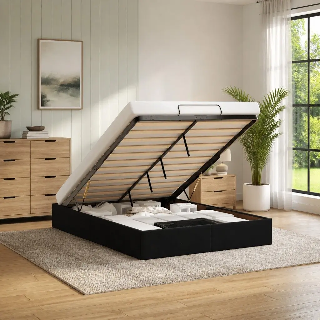Ottoman Storage Bed Frame Double Black Velvet with Hydraulic Lift and Slatted Base