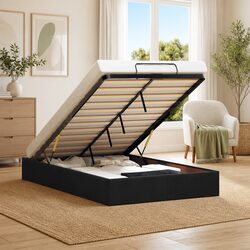 King Single Ottoman Storage Bed Frame Black Velvet Lift Mechanism No Mattress