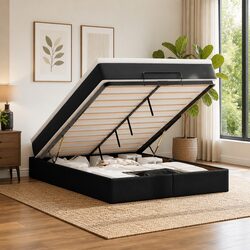 Ottoman Storage Bed Queen Black Faux Leather with Pocket Spring Mattress &