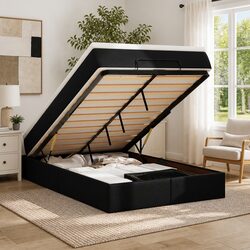 Ottoman Storage Bed Super Single Black Faux Leather Frame with Pocket Spring