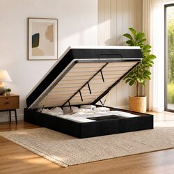Double Ottoman Bed with Pocket Spring Mattress Black Fabric Storage Lift