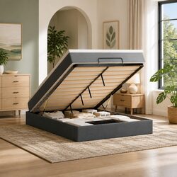 Ottoman Bed Queen with Pocket Spring Mattress Grey Fabric Storage Lift Base