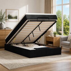 Ottoman Bed King Single Black Fabric Storage Lift Up Frame with Pocket Spring