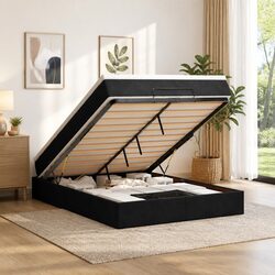 Ottoman Bed with Pocket Spring Mattress Double Black Velvet Storage Lift Frame