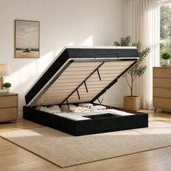 Ottoman Bed Queen with Pocket Spring Mattress Black Velvet Storage Lift Base