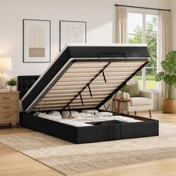 Queen Ottoman Bed with Pocket Spring Mattress Black Faux Leather Storage
