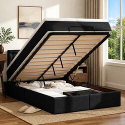 Ottoman Bed King Single Black Faux Leather with Mattress Storage Lift Frame