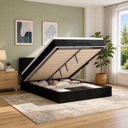 Ottoman Bed with Mattress Black Double Storage Upholstered Frame Lift-Up