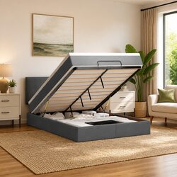 Ottoman Bed Queen with Pocket Spring Mattress Grey Fabric Storage Bedroom