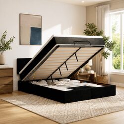 Ottoman Bed with Pocket Spring Mattress Queen Size Black Fabric Storage Lift