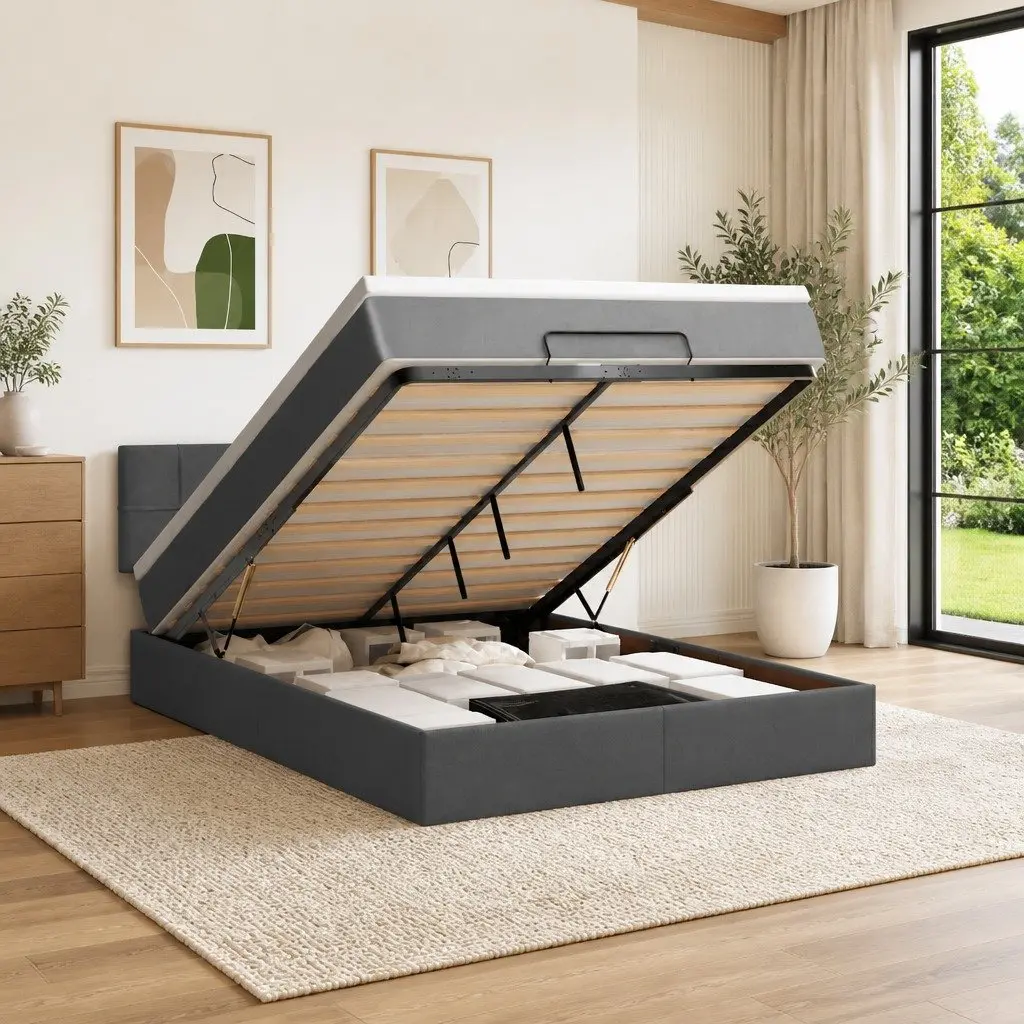 Ottoman Bed Queen Size Pocket Spring Mattress Storage Grey Fabric Lift