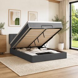 Ottoman Bed Queen Size with Pocket Spring Mattress Storage Grey Fabric Lift